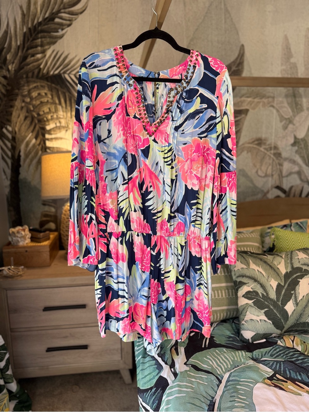 Lilly Pulitzer Silk Pink, Navy & Light Blue Floral Romper with Studded Trim